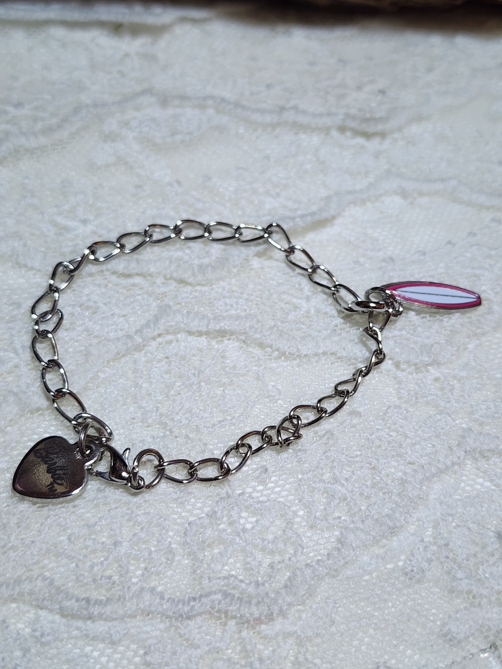 Barbie Silver Toned Chain Bracelet with Pink Surfboard and Heart Charms